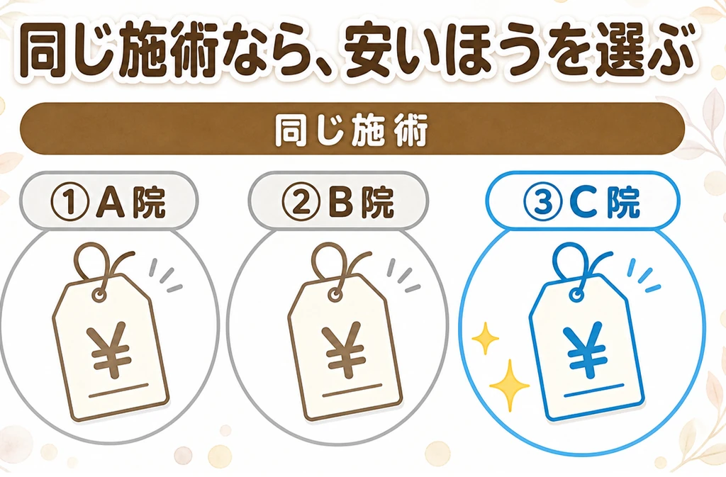 3つの値札を並べて安いクリニックを選ぶ図