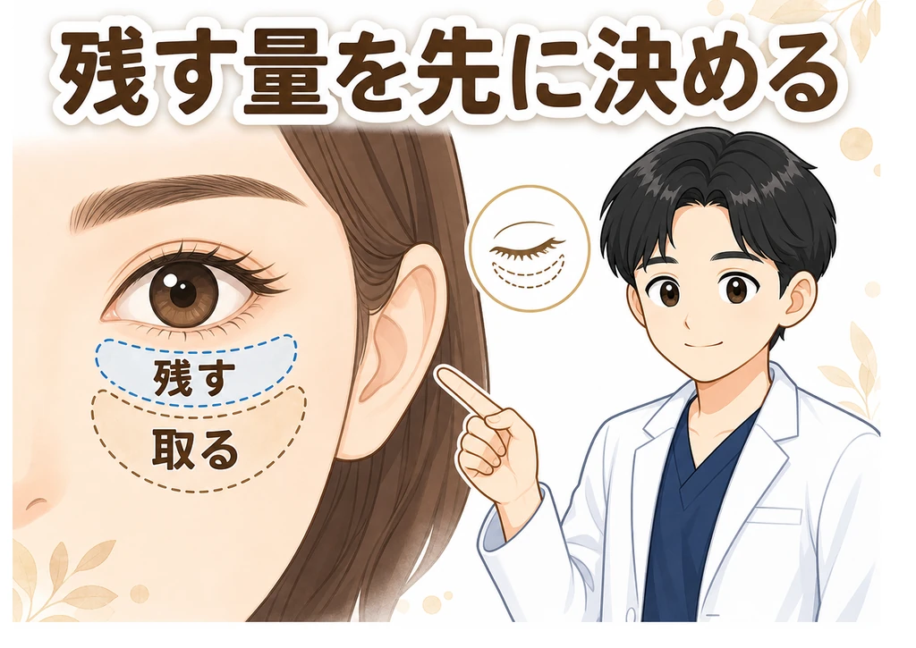 医師が目の下の残す量を決めてから施術する図